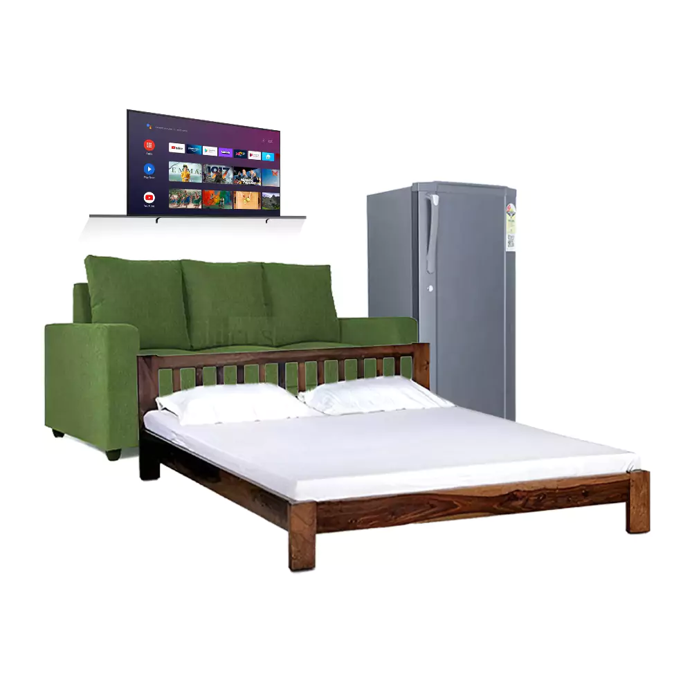 1 BHK Combo 1 - 3 Seater Sofa, Double Size Bed, Single Door Fridge, 32" Smart TV