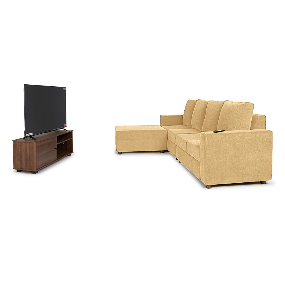 Combo-5 - Klassik Beige L Shape Sofa (5 Seater - right )  by Elitrus + TV 43 inches - Smart Android