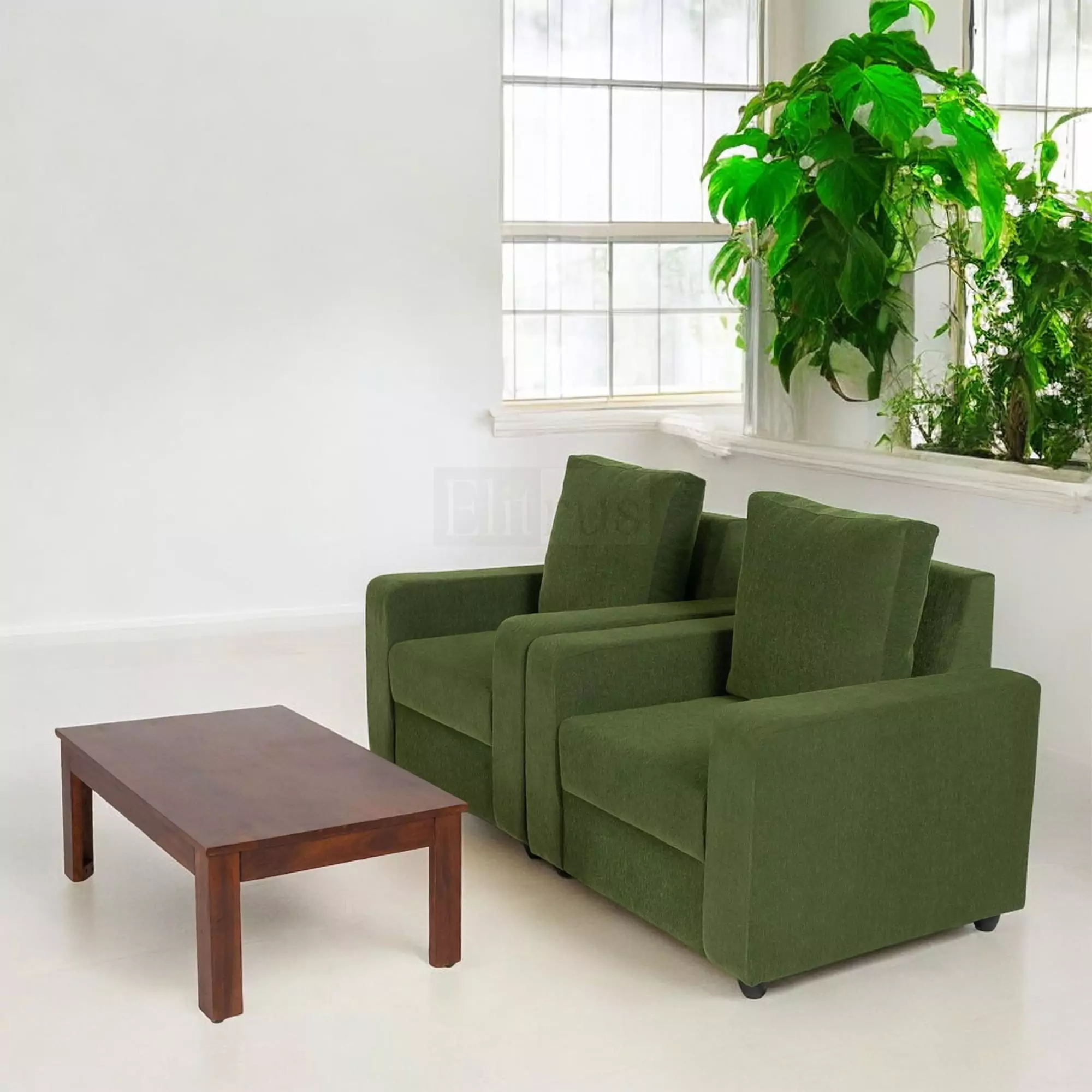 Combo 20 - Klassik Green 1 Seater + 1 Seater Sofa + Coffee Table In Mango Walnut Finish by Urban Ladder