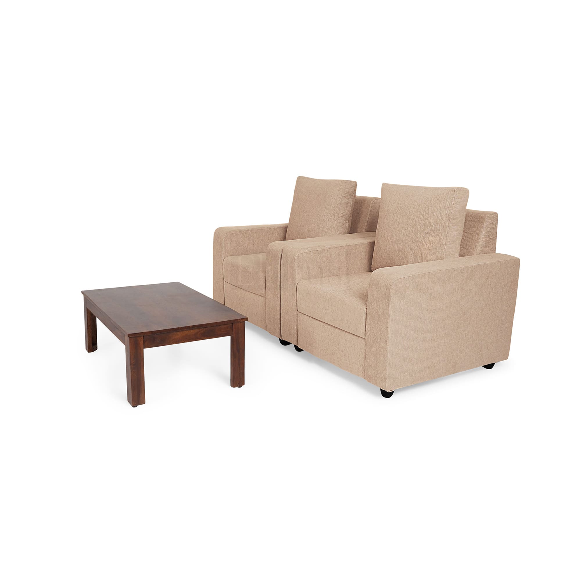 Combo 21 - Klassik Beige 1 Seater + 1 Seater Sofa + Coffee Table In Mango Walnut Finish by Urban Ladder