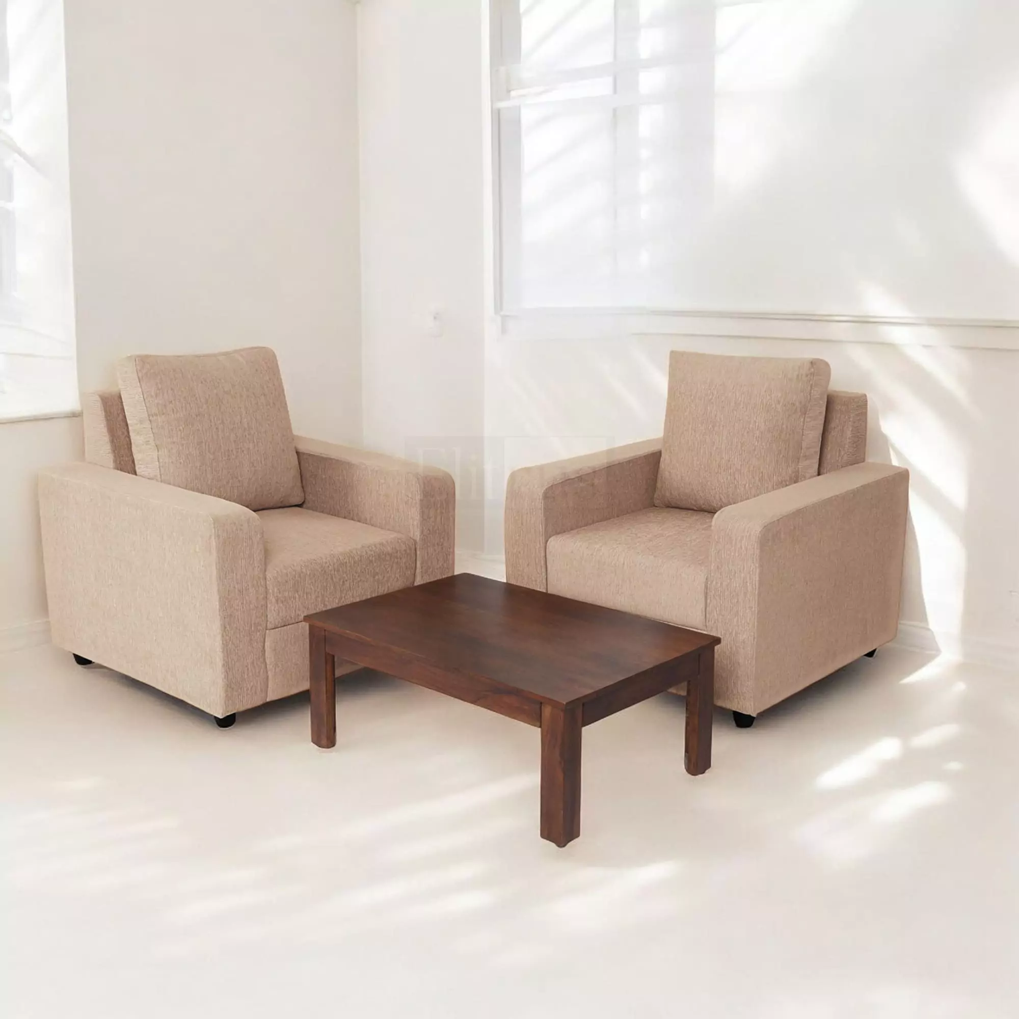 Combo 21 - Klassik Beige 1 Seater + 1 Seater Sofa + Coffee Table In Mango Walnut Finish by Urban Ladder