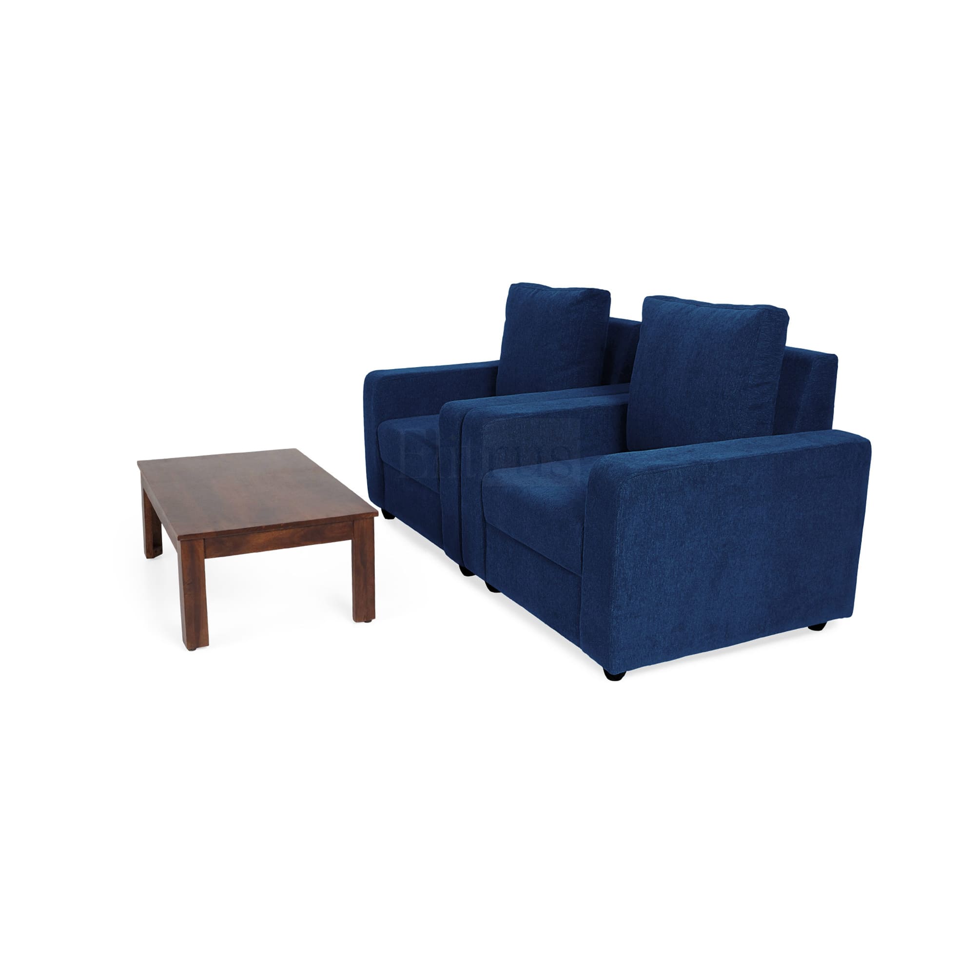 Combo 23 - Klassik Blue 1 Seater + 1 Seater Sofa + Coffee Table In Mango Walnut Finish by Urban Ladder