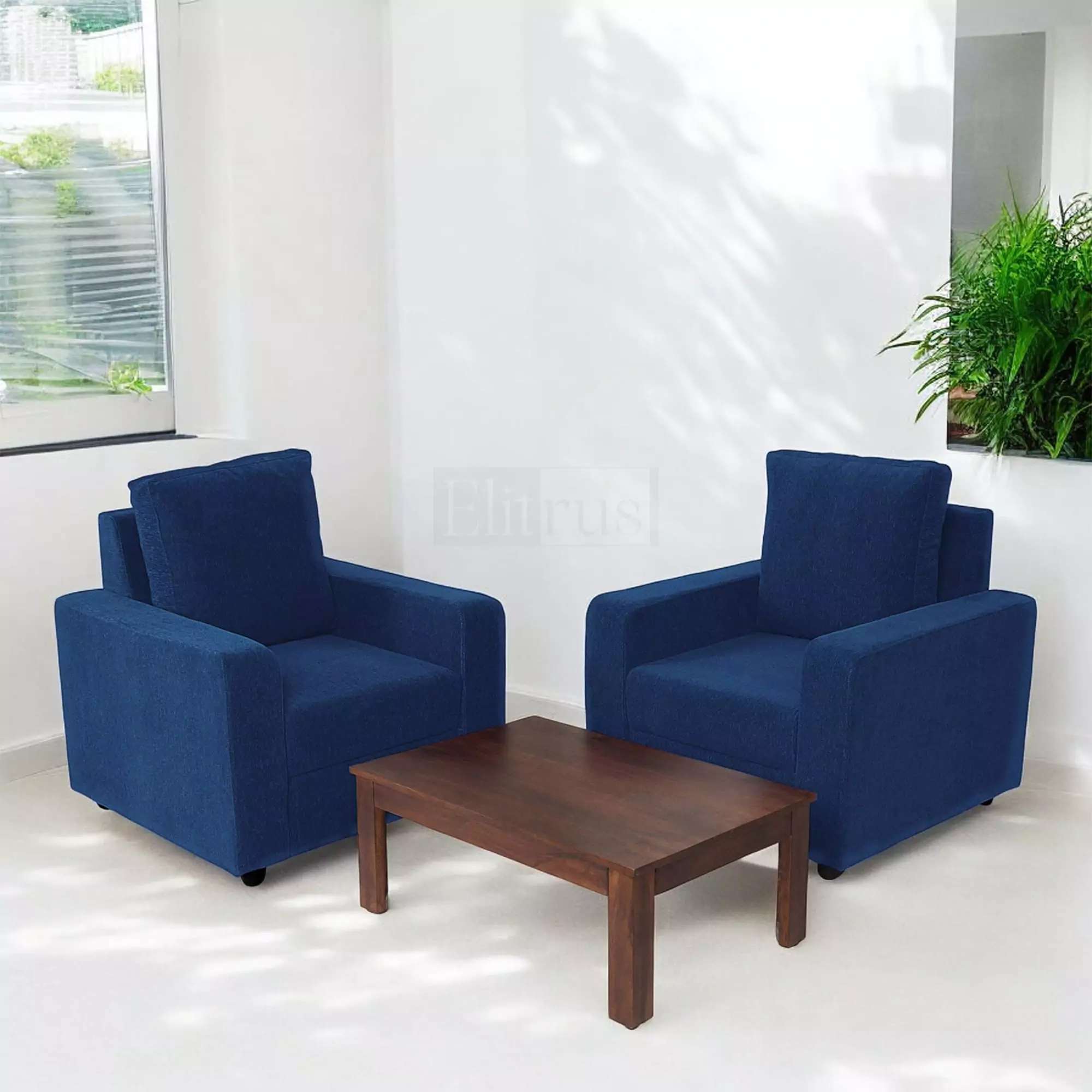 Combo 23 - Klassik Blue 1 Seater + 1 Seater Sofa + Coffee Table In Mango Walnut Finish by Urban Ladder