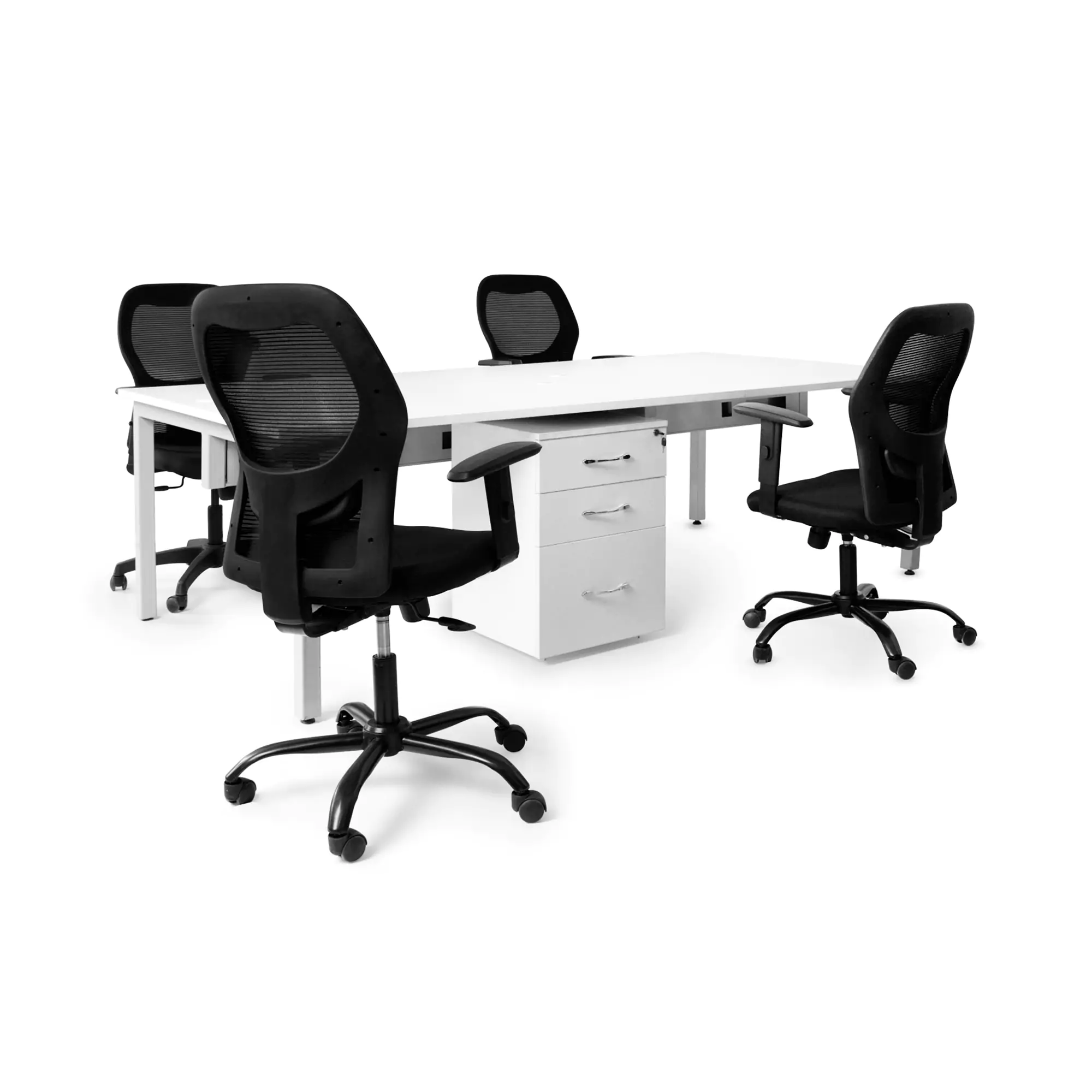 Office Combo 2: 4 Seater (4 x 8 feet) Open Type Workstation, 4 Ergonomic Chairs with Adjustable Arm, 2 Office Pedestals,