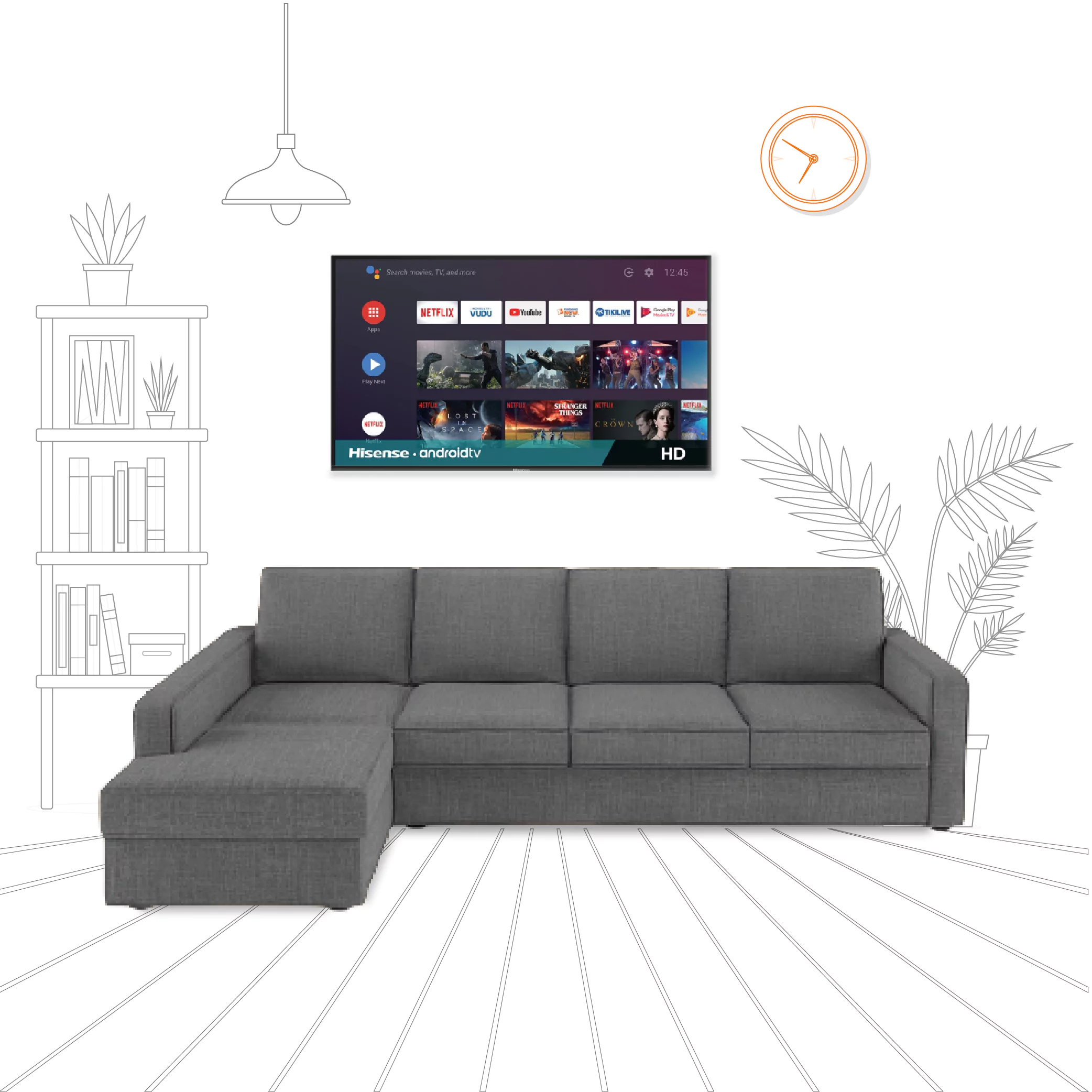 Combo-11- Klassik Grey L Shape Sofa (5 Seater - right )  by Elitrus + TV 43 inches - Smart Android