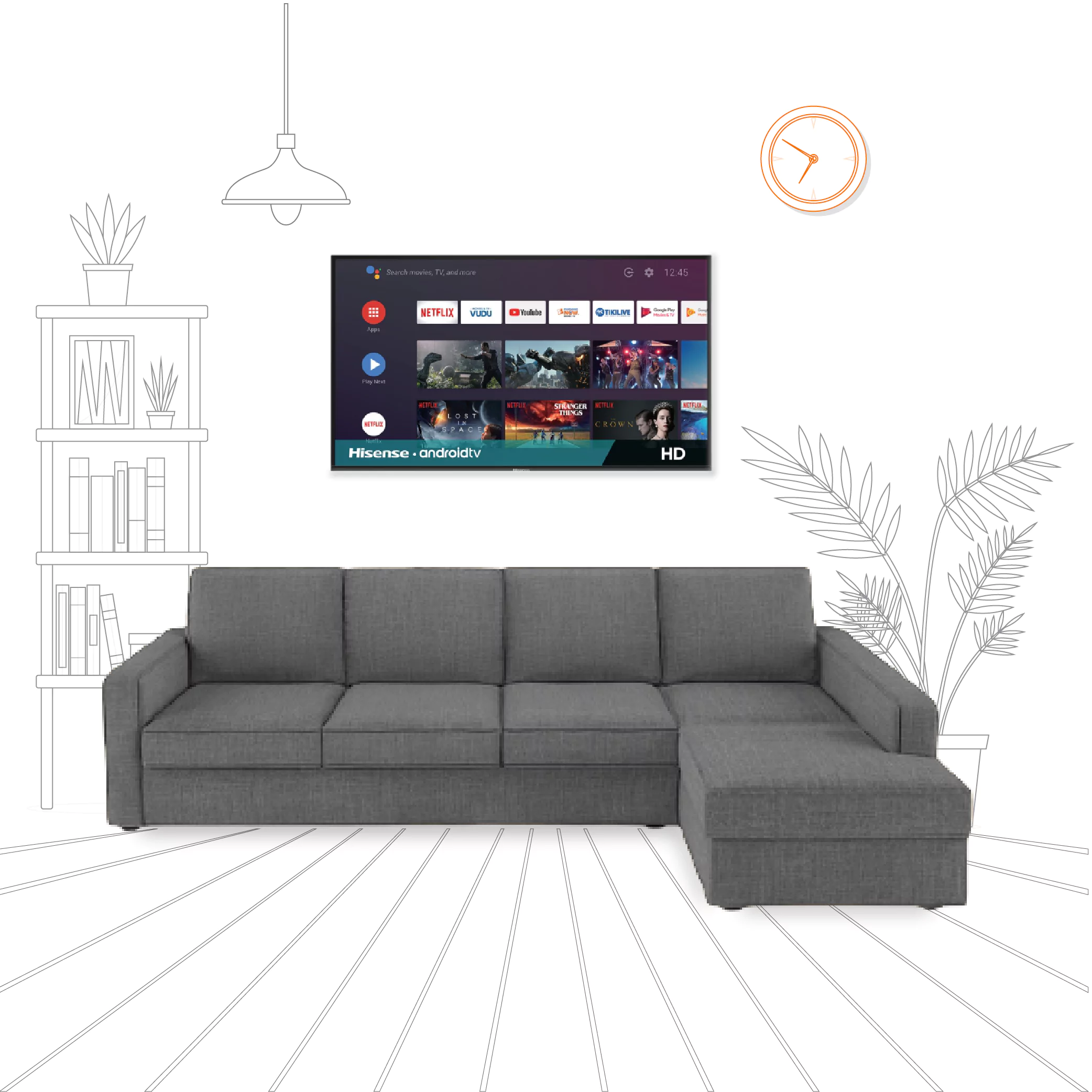 Combo -12- Klassik Grey L Shape Sofa (5 Seater - Left )  by Elitrus + TV 43 inches - Smart Android